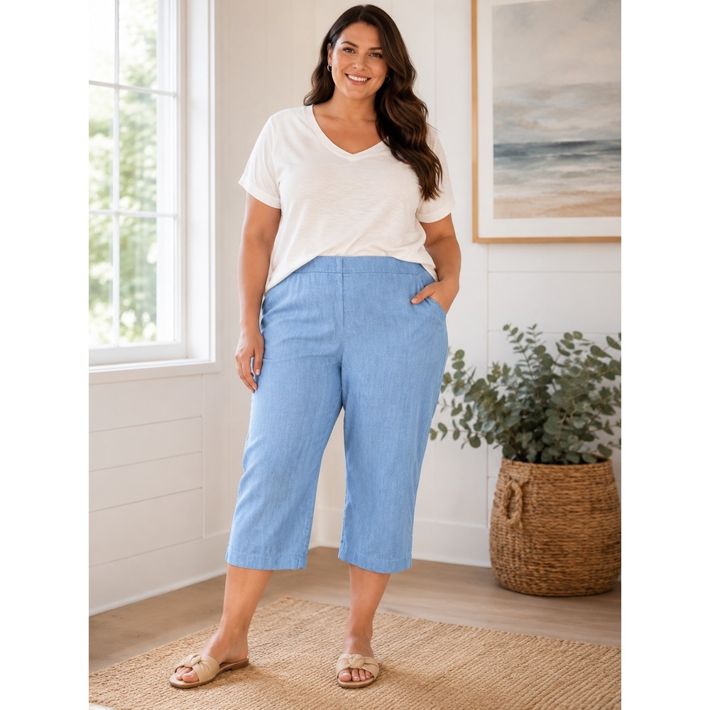 Old Navy‎ Blue Chambray Pull-On Capri Pants 16 Elastic Waist High Rise Coastal